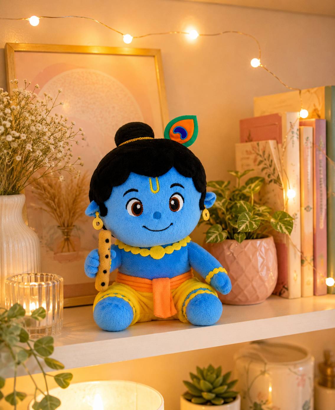 ClapCuddles Krishna plush on a cosy shelf with fairy lights